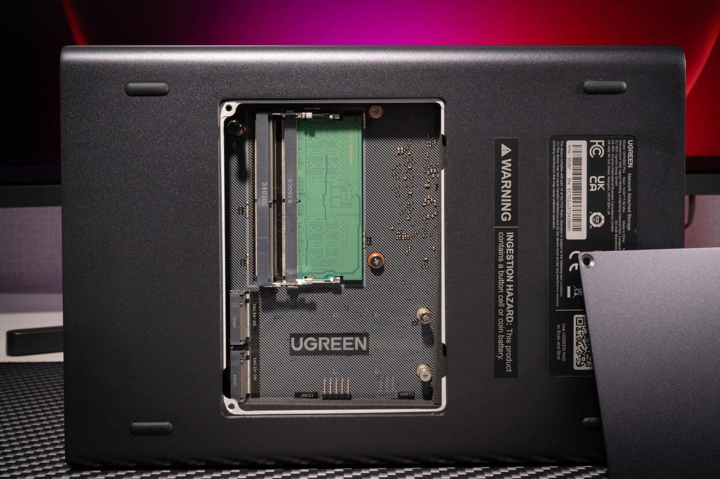 Underside of the Ugreen DXP4800 Plus with the RAM slot and M.2 NVMe slots